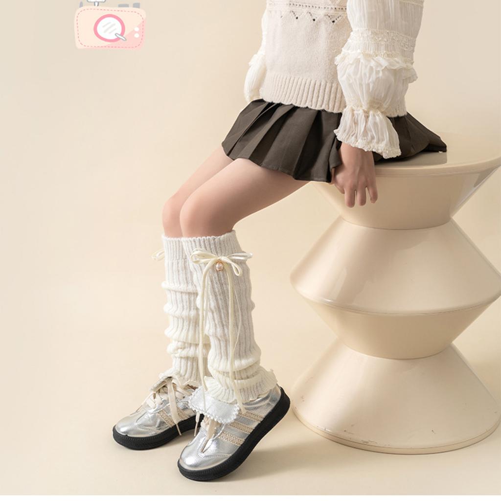Lovely Bell Decorated Socks Stackable Long Ribbon Girls Pile Up Socks Classic Solid Color Sock Sleeves Knitted Leg Cover