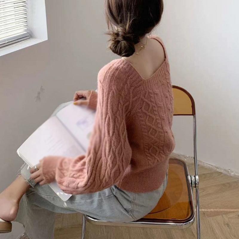 Hirsionsan Jednoduché pulovry s pevnou základnou Dámské Volné Sladký Elegantní Měkký svetr Ženy Ležérní Pletený svetr s čtvercovým výstřihem Dlouhý rukáv