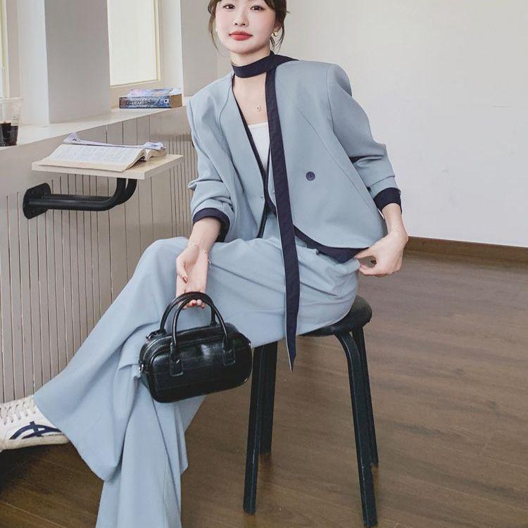 Women s Spring Fashionable Two-Piece Set: Blue Slimming Top & Wide-Leg Pants S (80-100 jin)