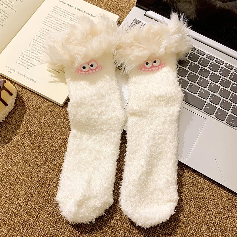 Funny Big Mouth Monster Plush Socks Cartoon Creative Warm Plush Thick Coral Velvet Sleeping Socks Winter Women Socks Gifts