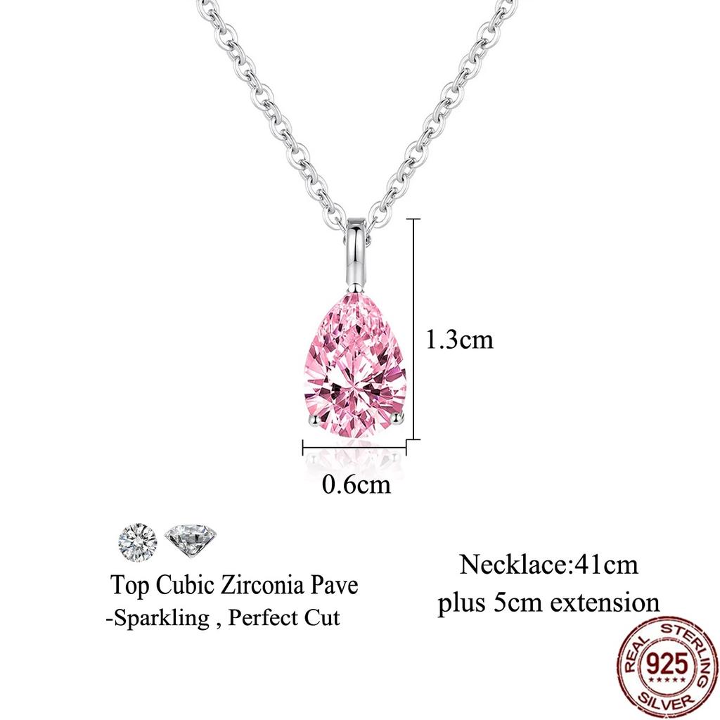 Pear Cut Twinkling Zircon Pink CZ Waterdrop Sterling Silver Chain Pendant Necklace for Women Everyday Wear Jewelry Anniversary