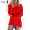 HNXC Women's Fashion Casual Solid Color Print Autumn Winter Long Sleeve O-Neck Loose Sweaters