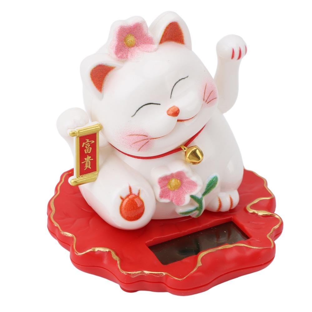 3in Solar Waving Cat Ornament ABS Light Operated Lucky Cat Decor Outdoor Porch Display Piece