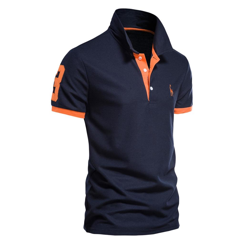 Herren Mesh-Poloshirt mit Umlegekragen und zinnoberfarben gesticktem Reh, Kurzarm, Weiß