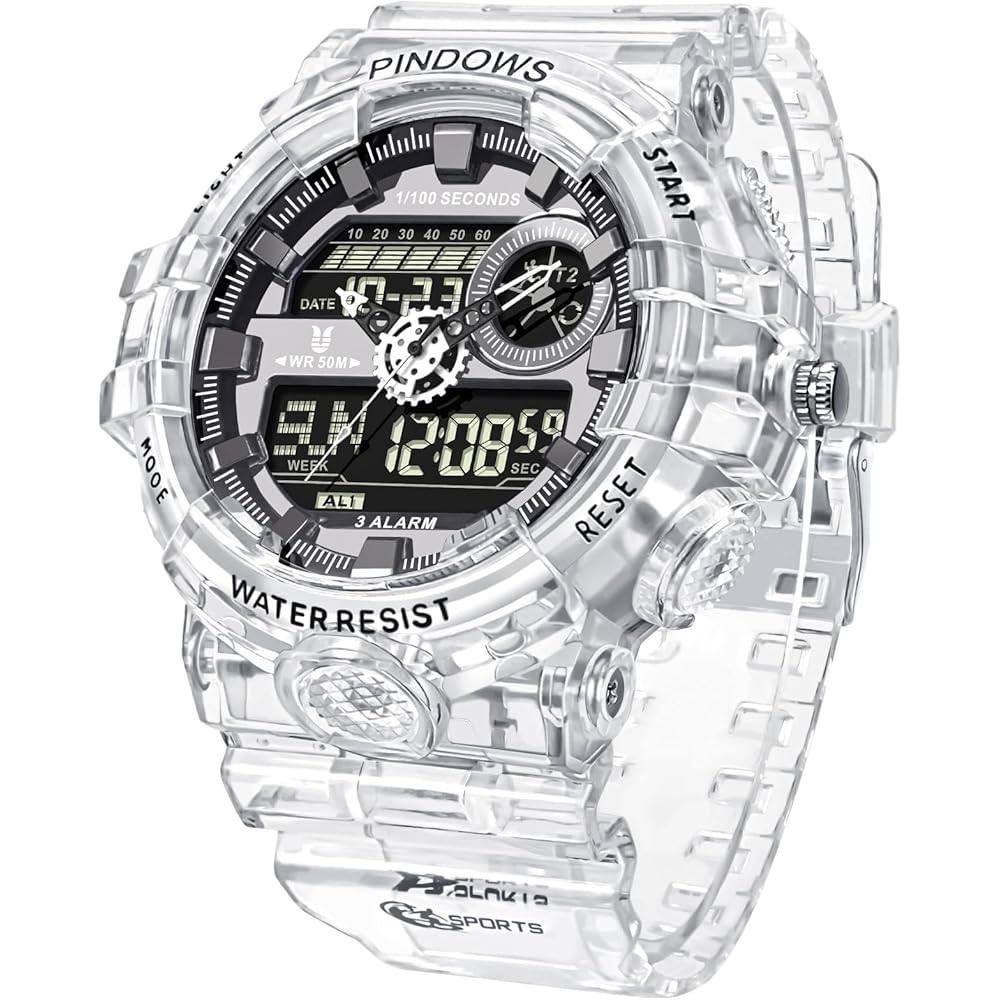 PINDOWS Men s Transparent Gold Analog Digital Dual Time Watch 50m Waterproof with LED Backlight Alarm Stopwatch