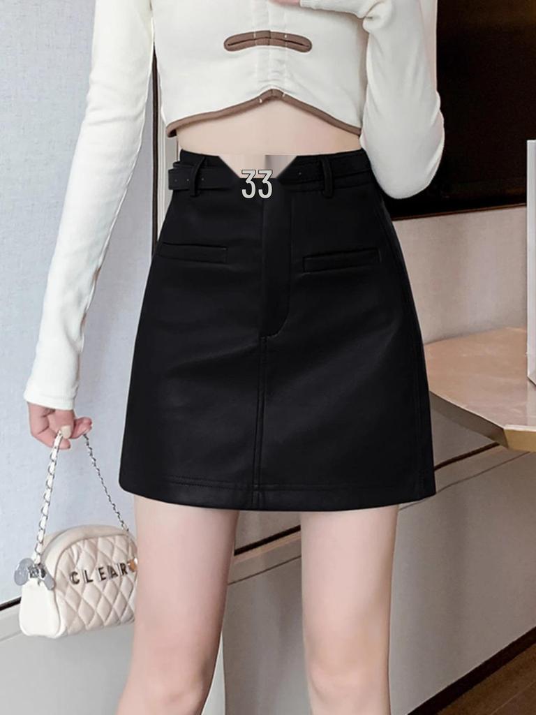 Women's Coffee Leather A-Line Mini Skirt - High-Waisted, Slimming, Petite Fit for Spring & Autumn