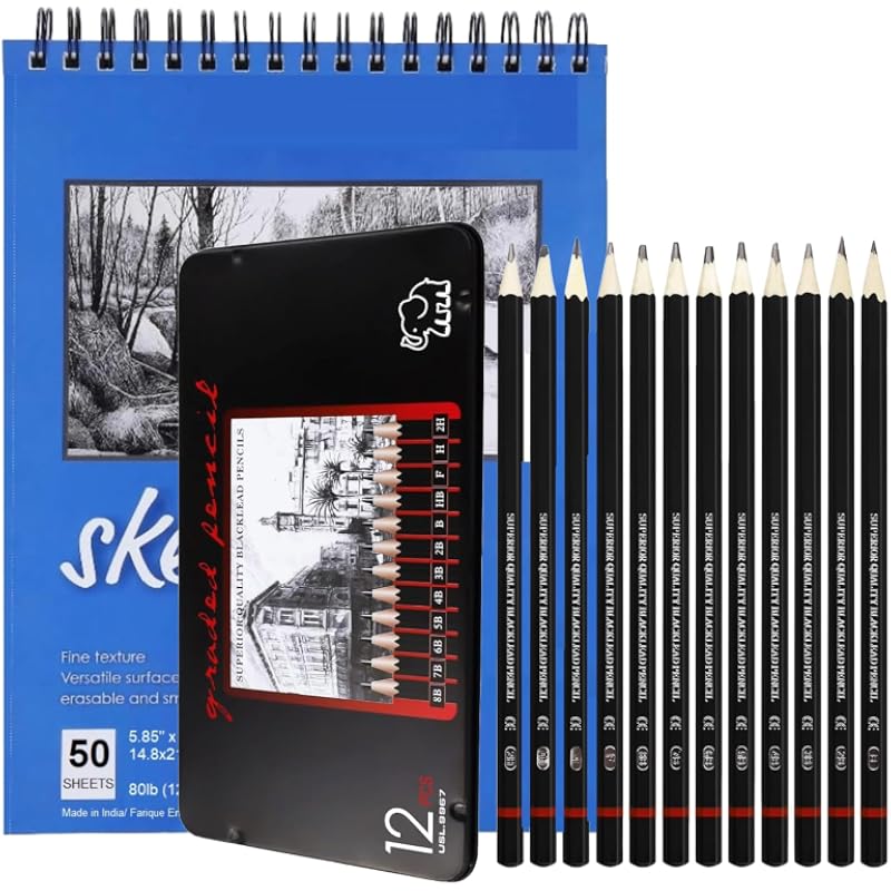 Corslet Sketching Pencils Set: 12 Pc Sketch Pencil B 2B 3B 4B 5B 6B 7B 8B Hb H 2H F In Metal Case With 50 Sheets A5 Sket