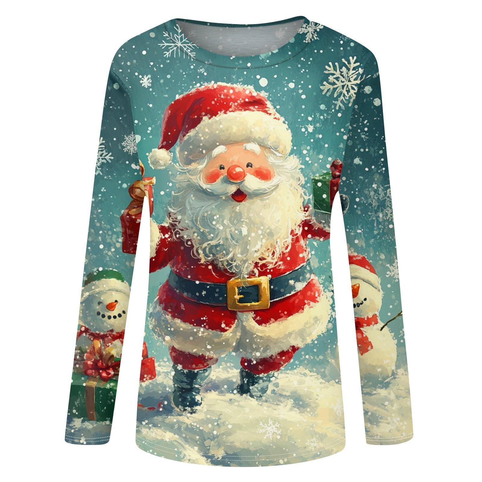 Женская мода круглый вырез пуловер с глубокими рукавами футболка с рождественским принтом — фото 6