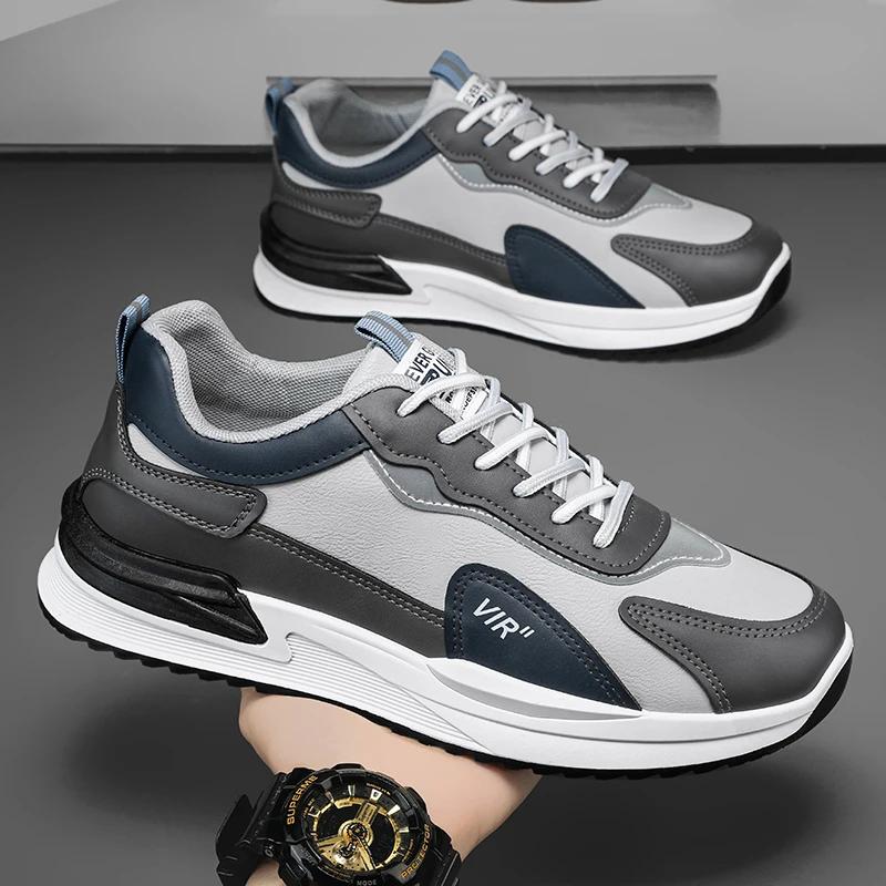 New Men's Sneakers Four Season Leather Breathable Casual Sport Shoes High Quality Trendy Anti-slip Lace Up Walking Running Shoes