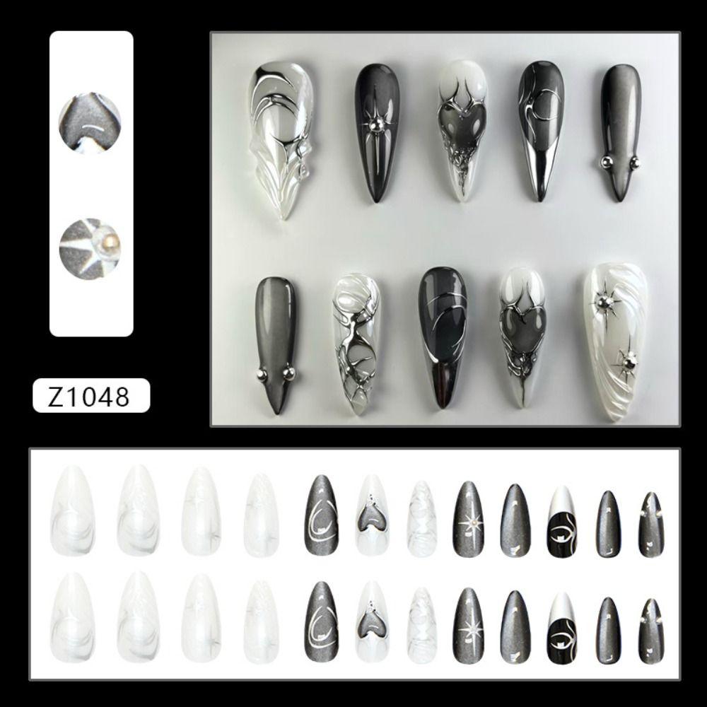 24pcs Crystal Heart White Flower False Nails Long Almond Press On Nails Manicure Nail Tips  Women