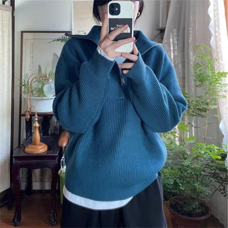 Autumn and Winter New Solid Color Top Lapel Half Zipper Simple Temperament Casual Pullover Knitted Sweater Women's Clothing