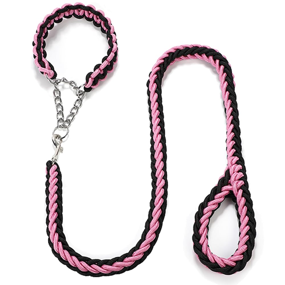 Pet Dog Lead Collar Half Choke Extra Thick Small Medium Large Dogs Stylish Cute Colorful Walking (Large Size, Pink)