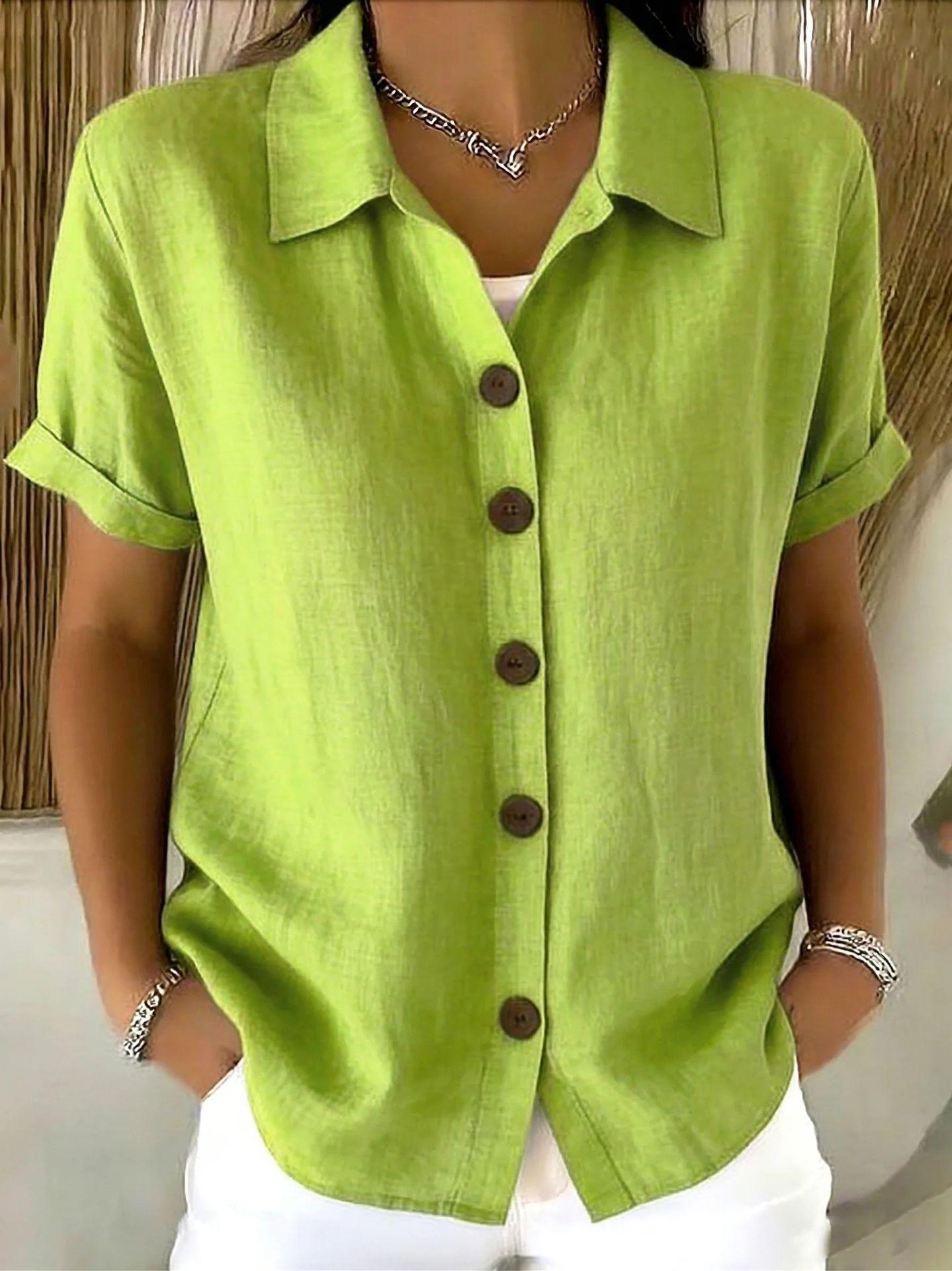 2026 Spring/Autumn New European & American Amazon Independent Site Women s Collar Button Collar Solid Color Cardigan Short-Sleeve Shirt for Women S зелёный