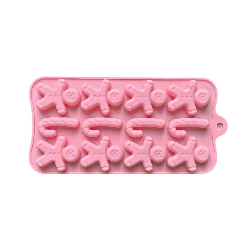 1pc 12 hole gingerbread man, cane shaped silicone mold, used for DIY candy, chocolate, cake decoration baking molds