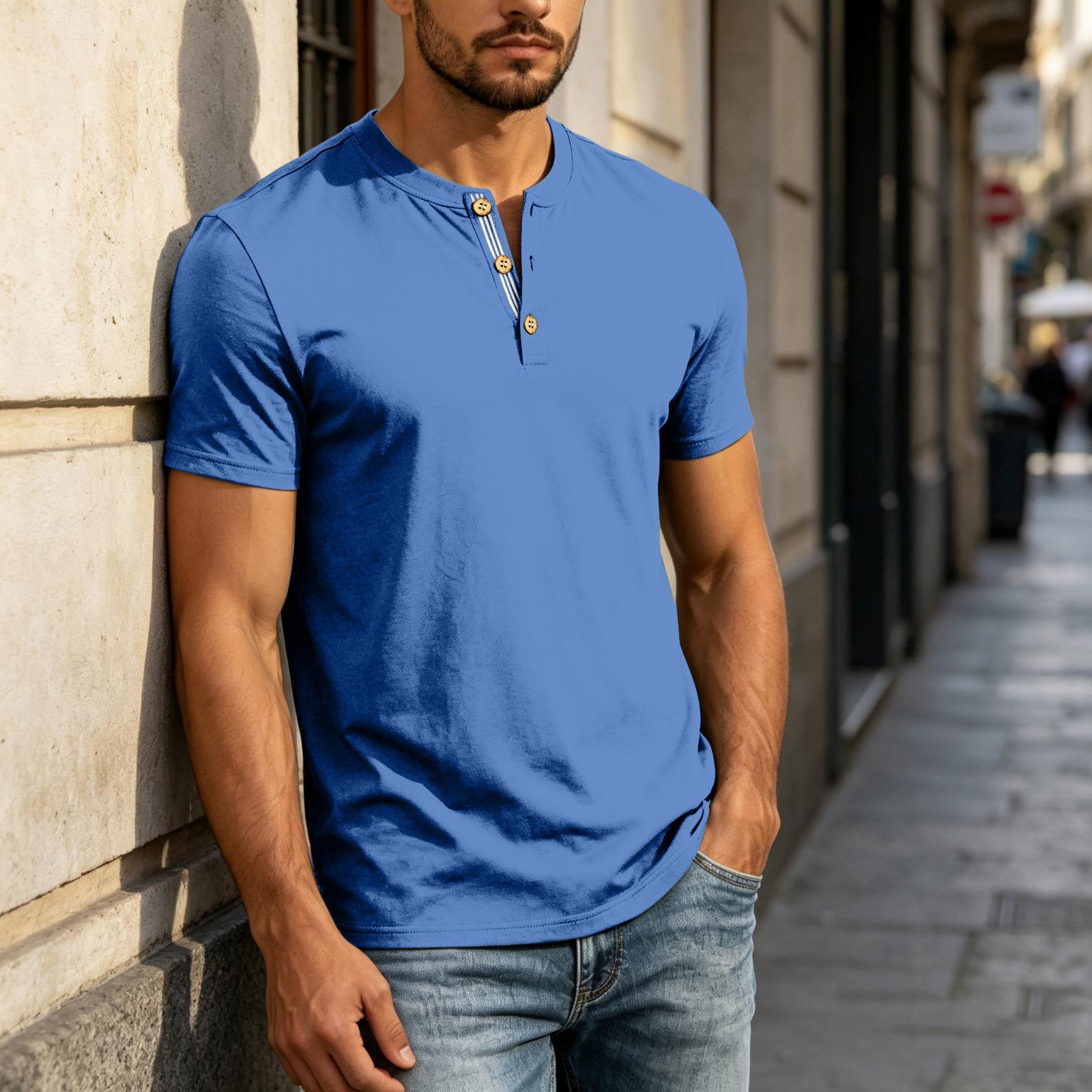 

Men s Henley Shirt Short Sleeve Casual Button Front T-Shirt Lightweight Soft Fabric Summer Top L синій