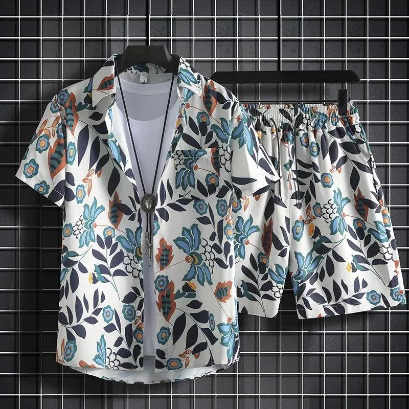 

Мужской гавайский пляжный комплект, однобортная рубашка с коротким рукавом и шорты, повседневная одежда для летних каникул и путешествий M