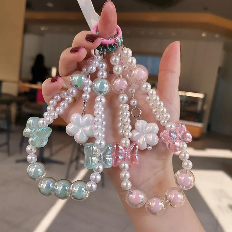 Mobile Phone Lanyard Short Style Wrist Pendant Pearl Chain Bow Flower Pendant Decoration Universal Phone Case Anti Loss Lanyard