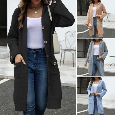 Damen Strickjacke mit Kapuze, langärmelig, einreihig, Pullovermantel mit Taschen, einfarbig, lockere Passform, mittellange Strickmode
