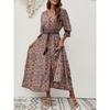 GMXIA Women's Summer V-neck Printed Bouquet Waist Bohemian Dress Holiday Button-down Beach Long Dress