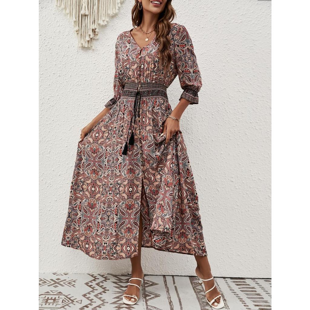 GMXIA Women's Summer V-neck Printed Bouquet Waist Bohemian Dress Holiday Button-down Beach Long Dress
