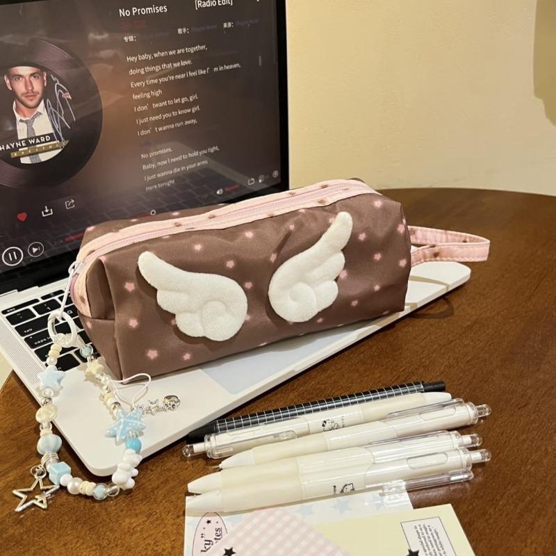 New Pink Cute Wings Design Pencil Case Large Capacity Strawberry Chocolate Star Pattern School Supply Organizer for Students