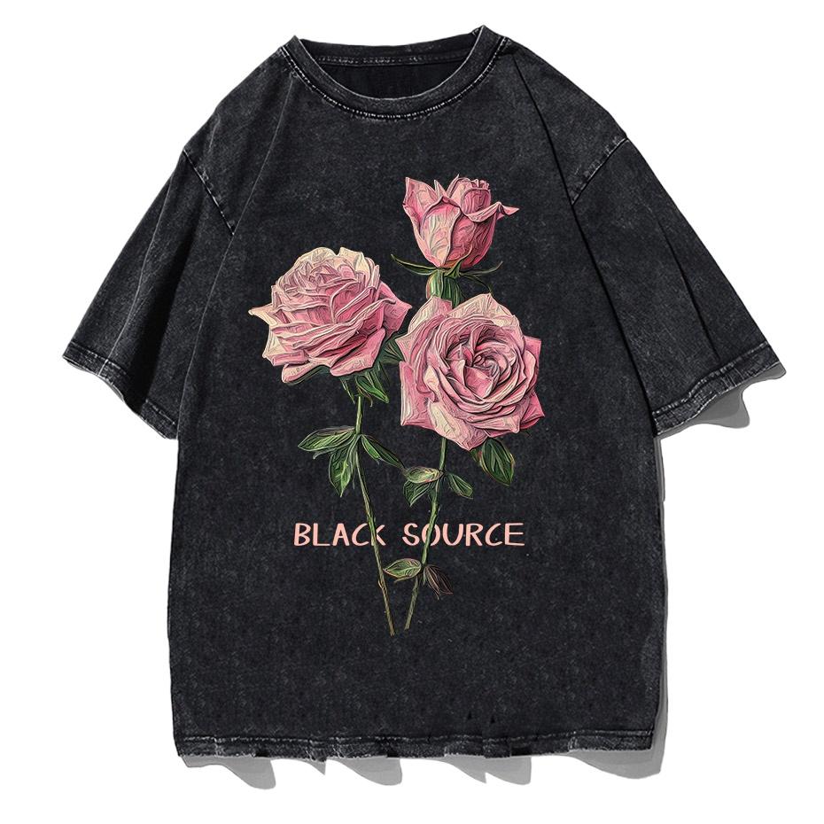 Men Streetwear T-Shirt Retro Vintage Washed Anime Graphic T Shirt Men Harajuku Cotton Casual Short Sleeve Rose Tshirt S