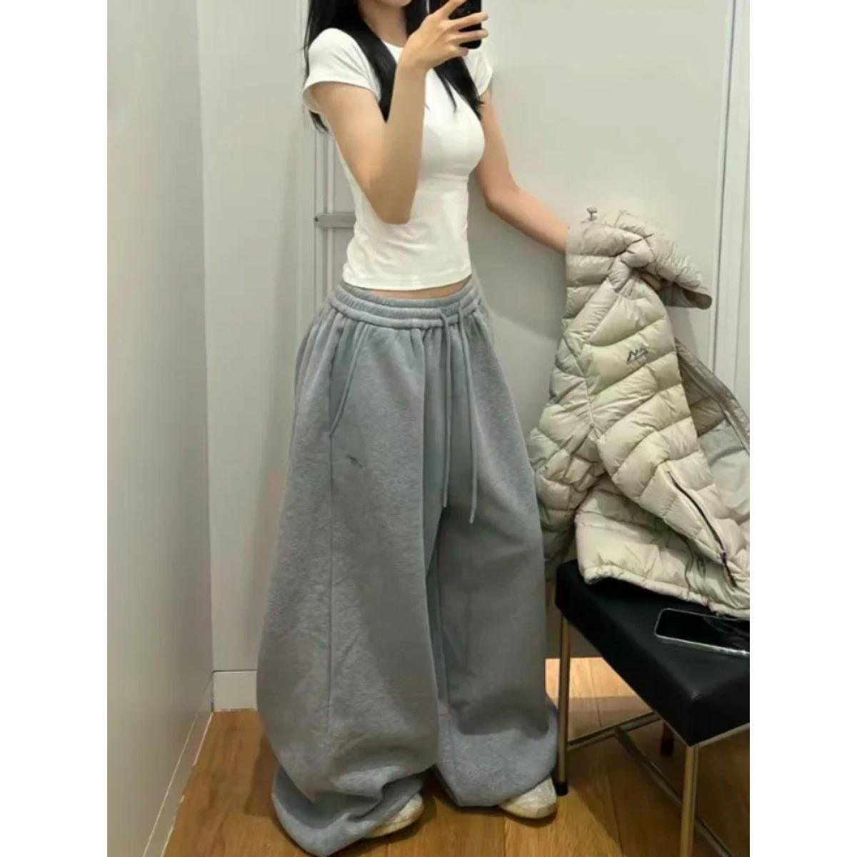 Y2K Streetwear Gray Sweatpants Woman Korean Oversized Loose All Match Sports Pant High Waist Drawstring Casual Wide Leg Trousers M