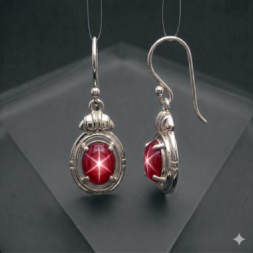 Vintage Red Star Ruby Drop Earrings, Gold Vermeil Sterling Silver, 6 Rays Gemstone, Drop Dangle Earring For Her