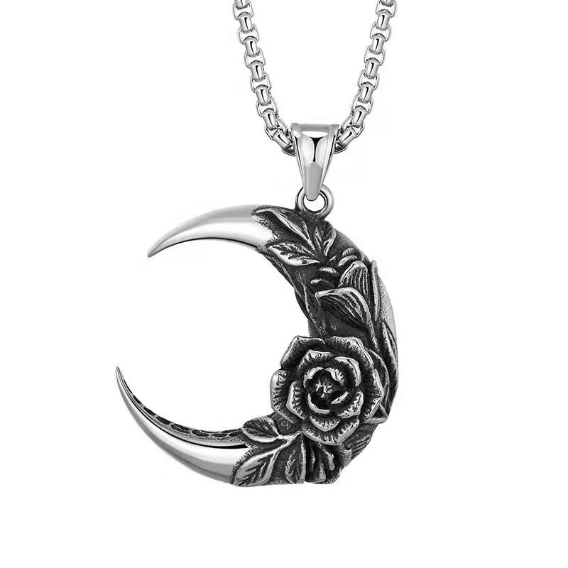 Retro Style Moon and Rose Pendant Unisex Necklace