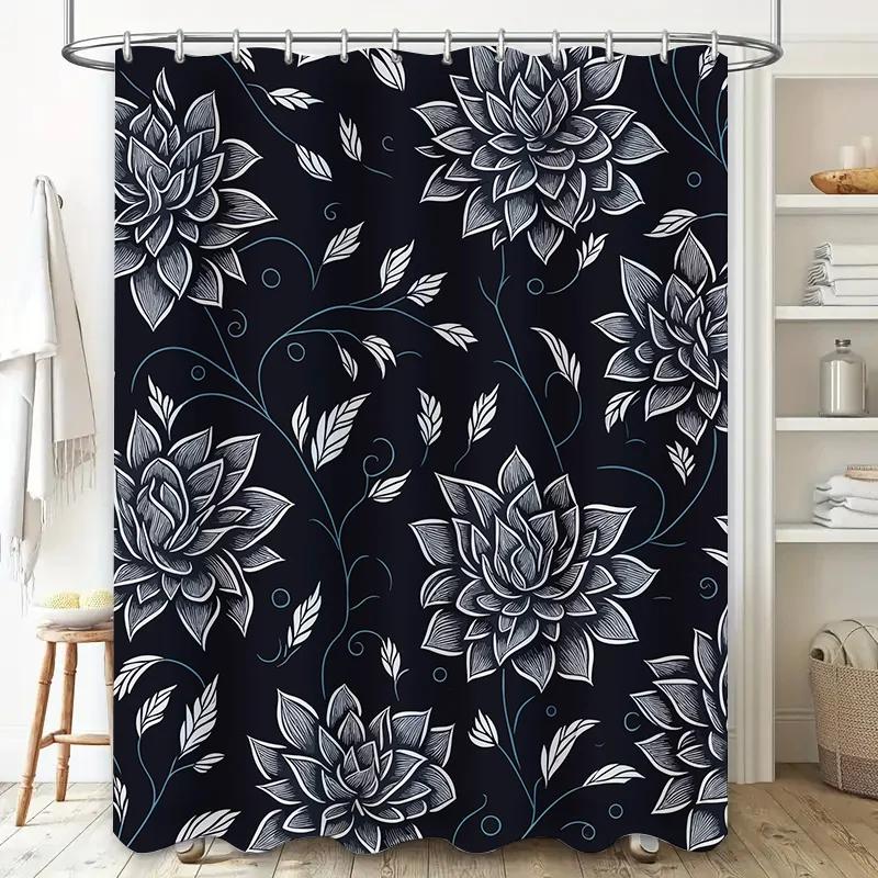 Black Floral Printed Shower Curtain Decorative Bathtub Liner for Bathroom Waterproof Hanging Shower Curtain with Rod (180x240cm)