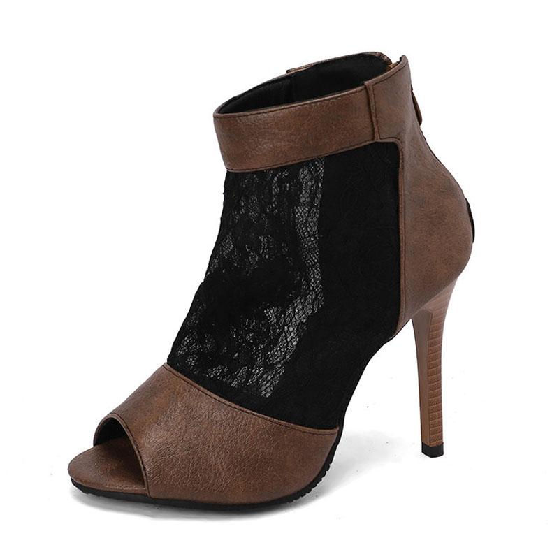 Custom Peep Toe Boots Sandals for Women Fashion Lace Patchwork Summer Women's Shoes Ladies Party Shoes 10.5CM Thin Heels WSH5266