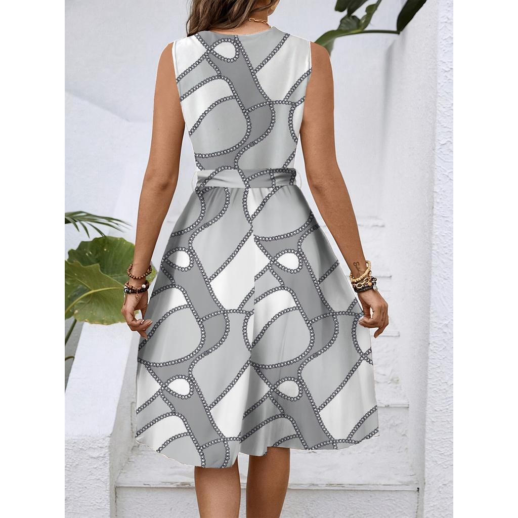 Women's Spring And Summer Casual V-Neck Sleeveless Waist Floral Print Midi Dress