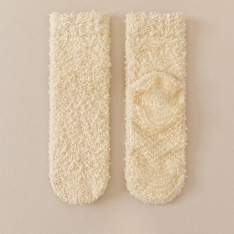 Winter and Autumn Coral Fleece Warmth-Keeping Mid-Calf Socks for Women, Home Use Anti-Slip Silicone Floor Socks