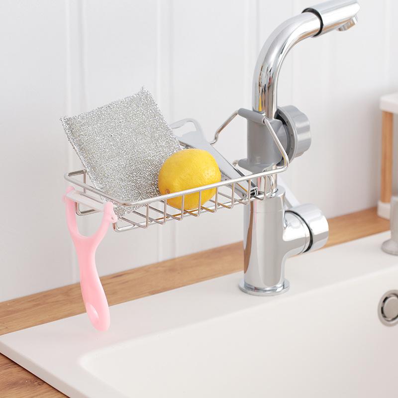 Kitchen stainless steel faucet rack, dishwashing sink sink drain rack, sponge brush rag storage rack