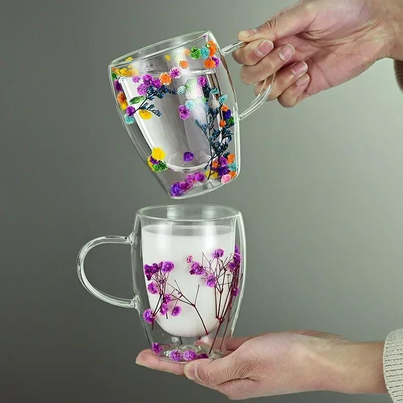 Double Layered Dried Flower Glass Cup Creative Pattern Mugs High Borosilicate Insulated Cup Kitchen Drinkware Home Accessories