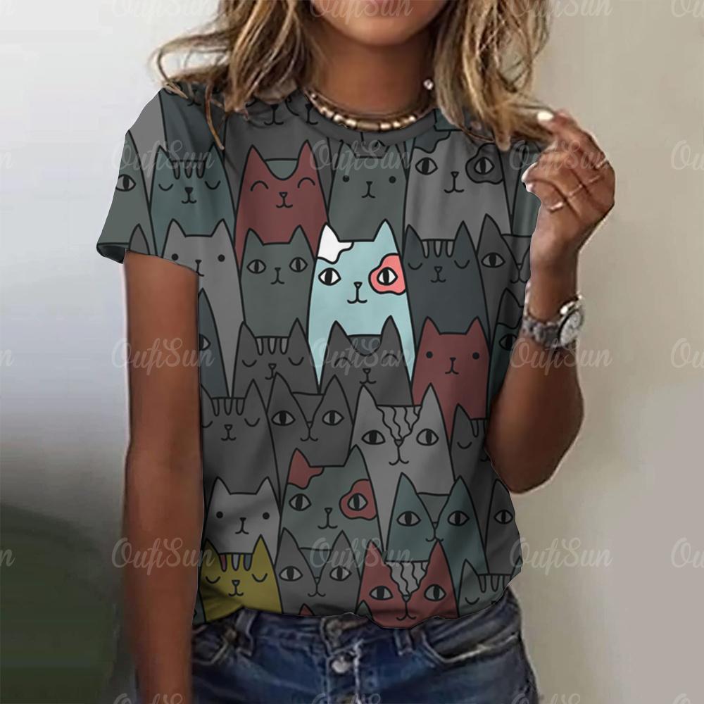 Women's Funny Print Cat Graphic Crew Neck T-Shirt Casual Short Sleevet-Shirt Fashion Daily Tops Women's Clothing