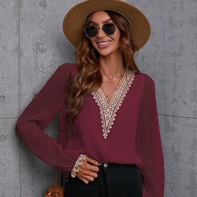 Women's Autumn Solid Color Stitching Blouse Casual Lace Long Sleeve Shirt
