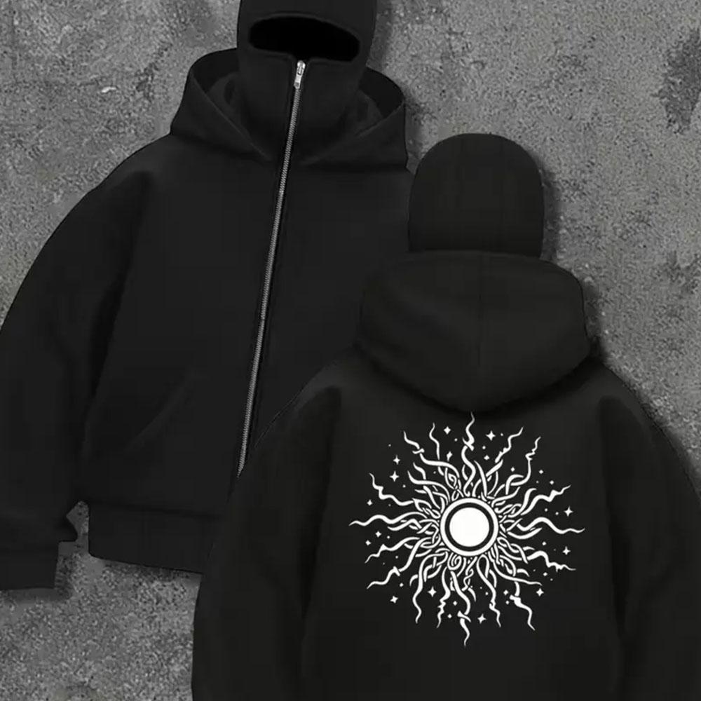 Men's Black Zipper Hooded Sweatshirt with Spider Personalized Print, Fashionable and Trendy Full Zipper Sweatshirt Jacket, Double Hat Design