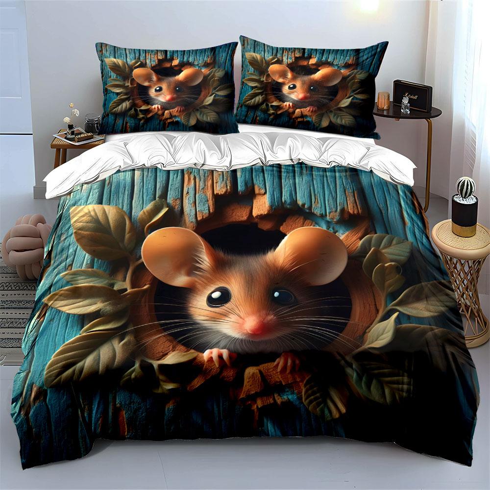 Set Biancheria da Letto Carino con Topo 3 Pezzi Adorabile Topo di Campo con Stampa Buco nel Legno Set Copripiumino Fantasia Animalier Bizzarra per Camera da Letto dei Bambini