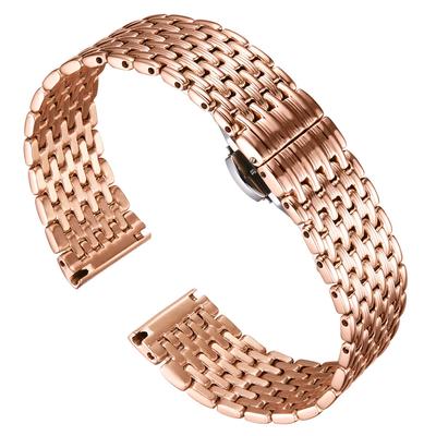 BINLUN Stainless Steel Watch Strap for Men and Women, 12mm, 14mm, 16mm, 18mm, 20mm, and 22mm with Butterfly Buckle (Rose Gold, 22mm)