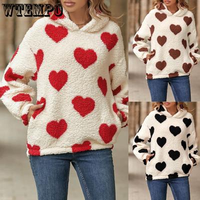 Damen Plüsch Liebe Bedruckt Locker Langarm Rundhals Pullover Sweatshirt