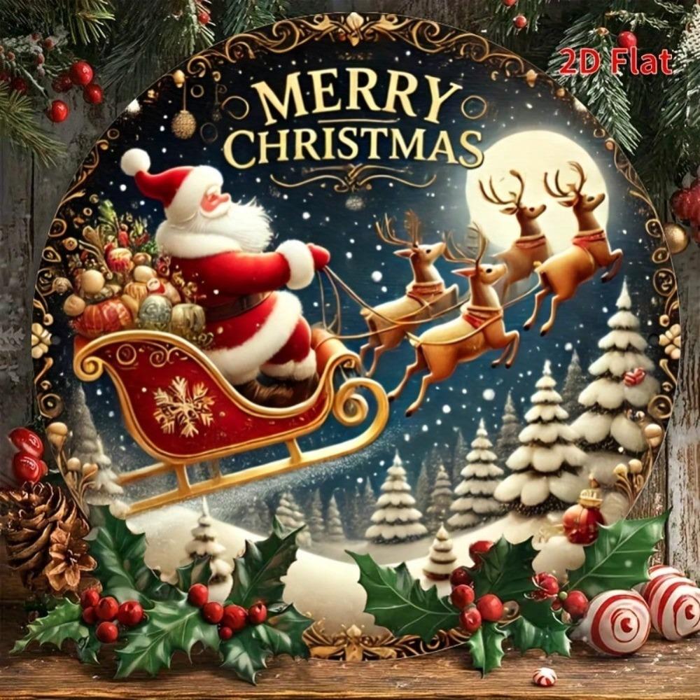 Art Mural Métallique Rond Père Noël Vintage 7,8 Pouces Décor de Maison Jardin Fêtes