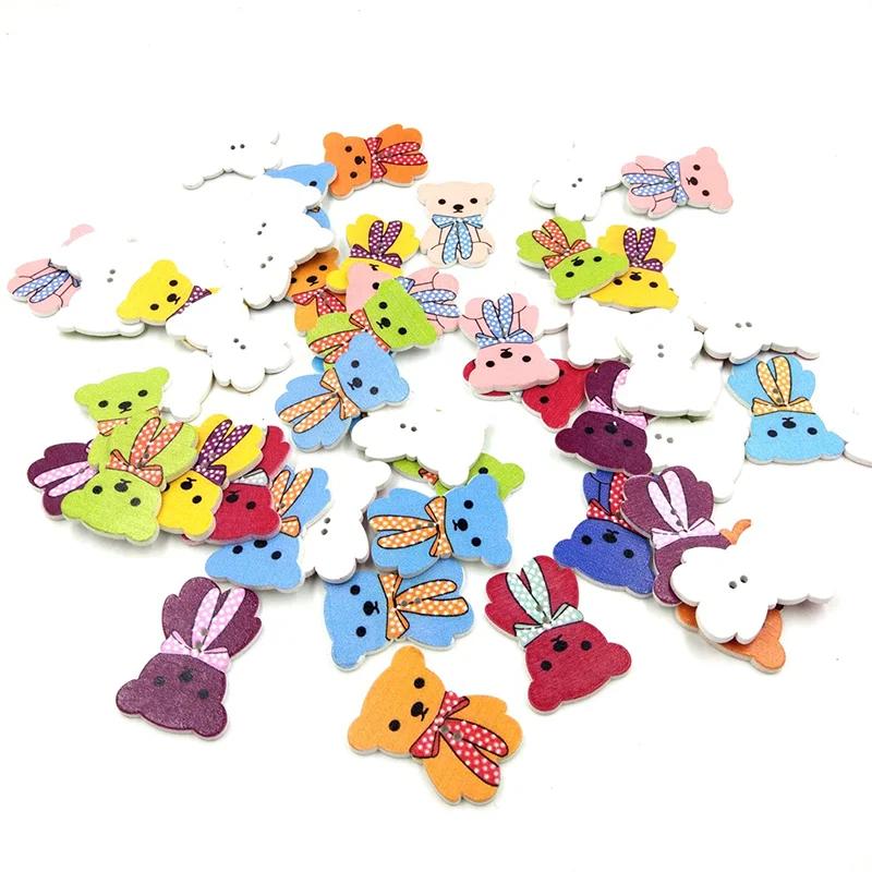 50pcs Bear DIY Wood Crafts Natural Wooden Buttons Cute Cartoon Kindergarten Child Clothing Accessories Toy Decorations Handmade