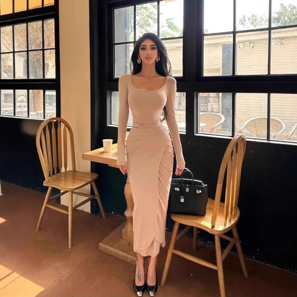 Spicy Girl Damen Herbst Schnürung Taille Schlankmachendes Bodycon Midi-Kleid