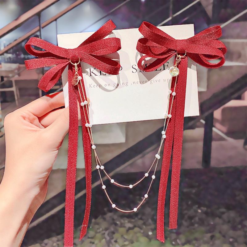 Lystrfac Korean Long Ribbon Bow Hairpin for Women Girls Hairclip Bangs Hairgrips Cute Back Head Top Clip Hair Accessories