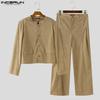 INCERUN Two Pieces Outfits Men Long Sleeve Coats Long Straight Pants Corduroy Sets