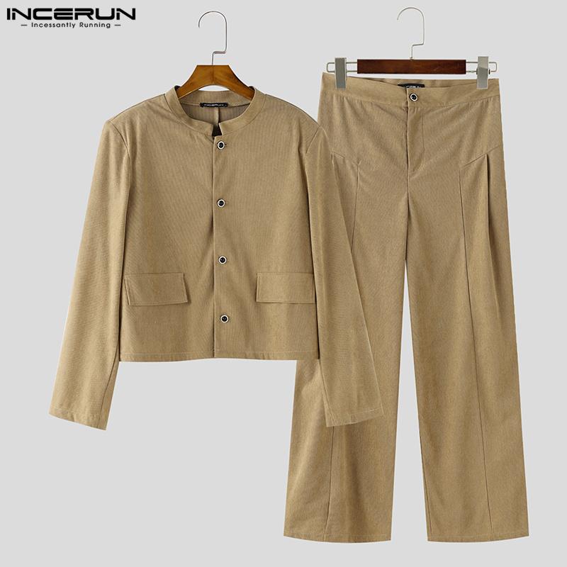 INCERUN Two Pieces Outfits Men Long Sleeve Coats Long Straight Pants Corduroy Sets
