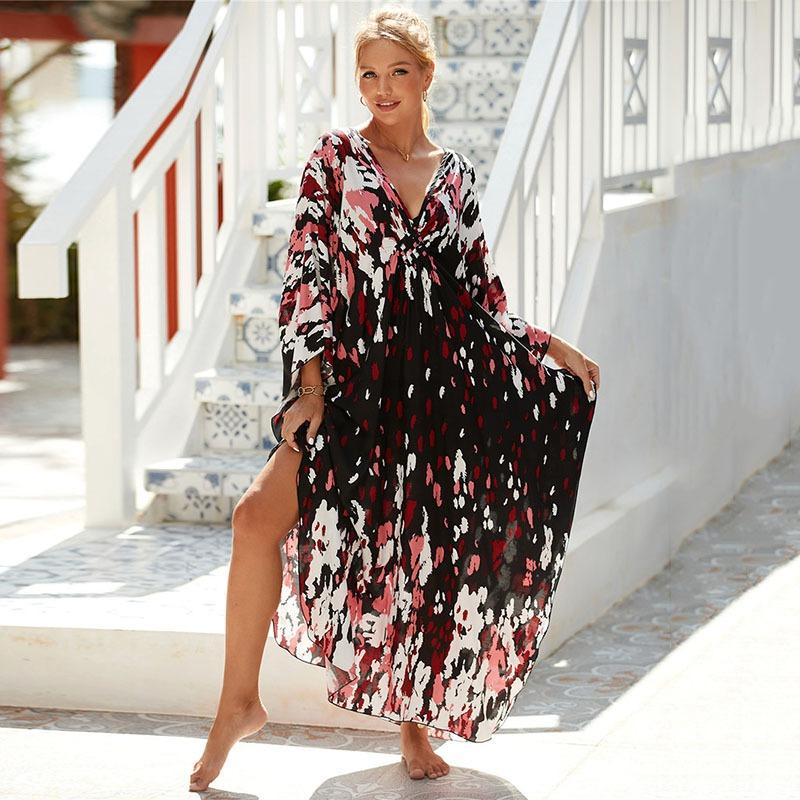 Damen Kleid Bedrucktes Strandkleid Lockeres Übergröße Urlaubs-Bikini-Oberhemd