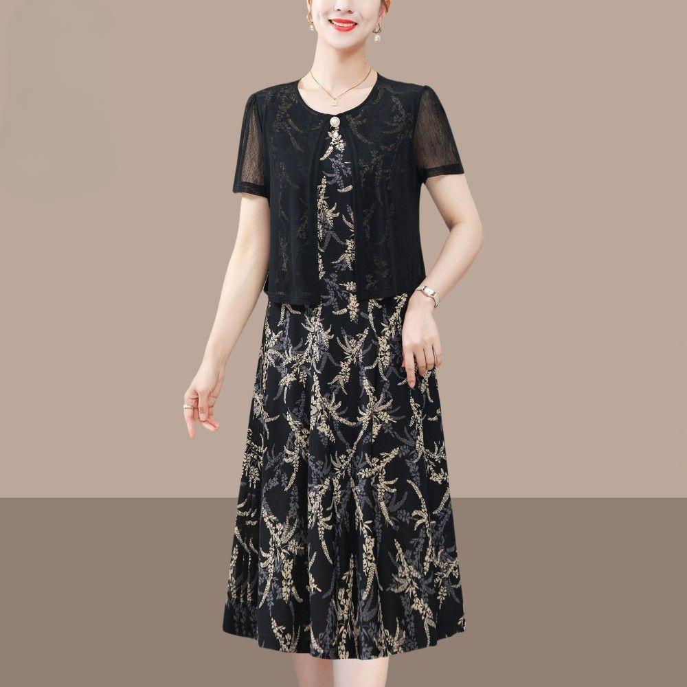 Chic Summer Fake Two Piece Dress for Moms Elegant Slimming and Youthful Mid Age Women Fashion Clothing