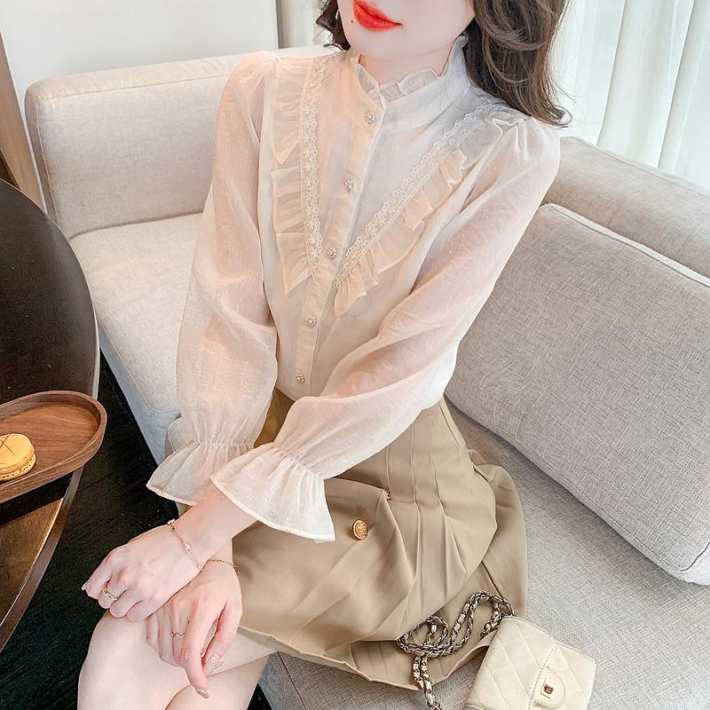 Fashion New 2024 Autumn Long Sleeve Stand Collar Casual Ruffles Apricot Chiffon Blouse Shirt Women Tops Blouses Shirts J462